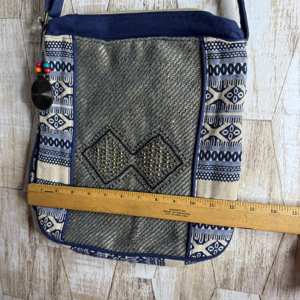 Vintage Catori Boho Embroidered Crossbody Bag Blue Tan Beaded‎ Charm